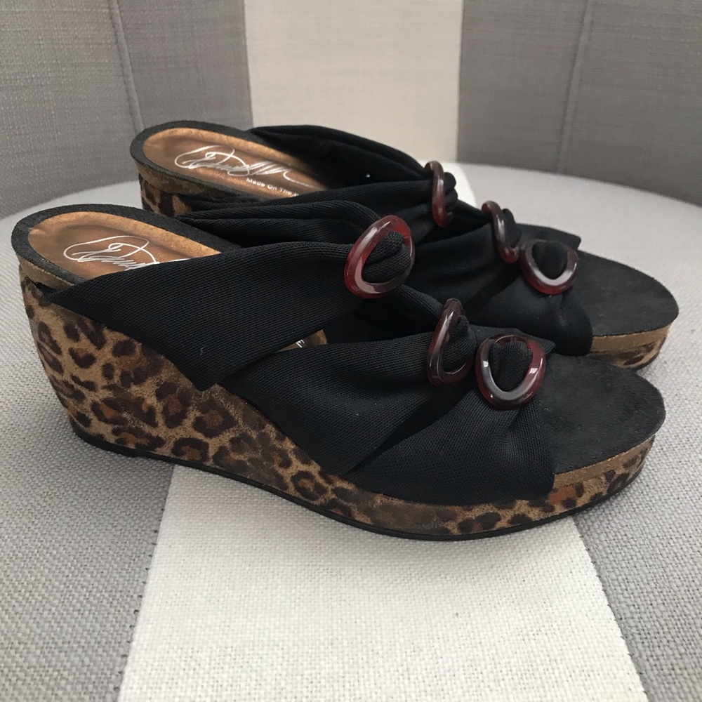 Donald Pliner Black & Leopard Wedge Sandals